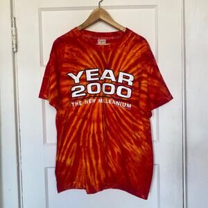 Y2K Year 2000 New Millennium Vintage Tshirt Deadstock Bright Orange Tie Dye Rave